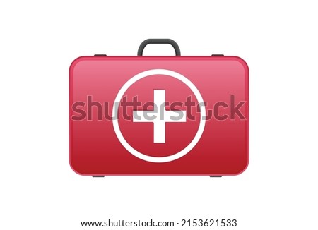 Red suitcase of medical aid. Symbol of emergency assistance with white cross in circle first aid equipment and vector treatment