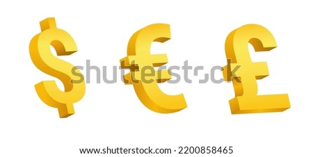 Golden currency symbols. Volume 3d signs of dollar and euro pound sterling banking currency economic yellow vector wealth design