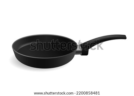 Black metal frying pan. Chrome plated cast iron and stainless steel cookware for frying and cooking with long vector handle