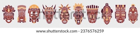 African ritual totem masks set. Voodoo head of ancient aboriginal deities for rituals with ornament of protection from evil forces and ceremonial vector dances