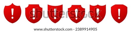 Icon shield alert exclamation mark vector. Protection cyber secure red shield vector icon. Warning and privacy symbol.