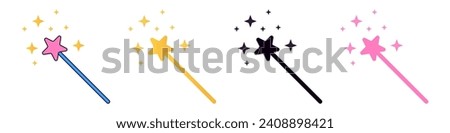 Magic wand icon. Gold pink black and colored magic stick with star vector