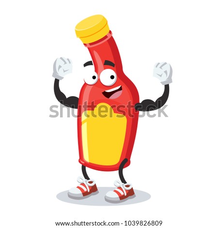 cartoon ketchup mascot shows its strength on a white background