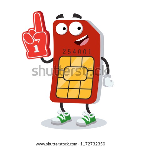 cartoon sim card character mascot with the number 1 one sports fan hand glove on a white background