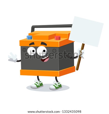 cartoon joyful car battery mascot with tablet in hand on white background