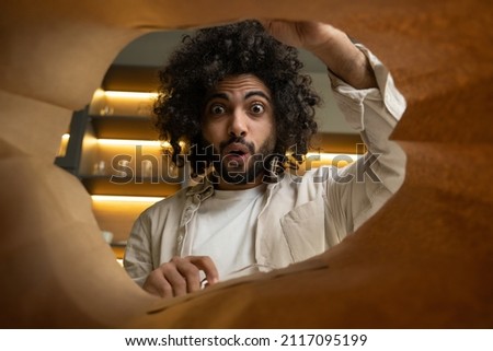 Similar – Image, Stock Photo Person with paper bag on head pointing at camera