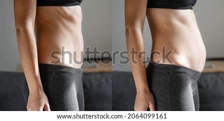Before and after young woman side view of body. Swollen belly. Pregnancy. Diastasis recti after child birth. Fitness exercises and diet for weight loss.  Stockfoto © 
