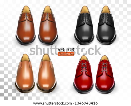 Shoes realistic set with stylish black, red, orange, brown men oxford boots isolated vector illustration for cobbler shoe shop for ads, promo and banner of accessories kit for shoeshine service