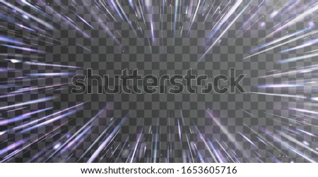 Light and stripes moving fast over dark background with ray sparkles. Design of star burst explosion frame on transparent background. Vector supersonic blur radiance. Hyperspace, warp jump effect.