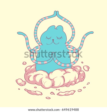 Funny yoga child cat octopus in lotus pose. Calm github symbol adorable kitty for postcard, greeting cards, print and web design. Healthy lifestyle yoga class, indian yoga center, buddha poster ads