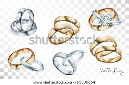 Wedding rings set of silver, gold metal with diamonds, zircons and gems on transparent background isolated vector illustration for ads, flyers, wed site sale elements design
