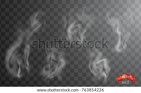 White cigarette smoke waves. White hot steam over cup for dark and transparent background. Set of fume on food, tea and coffee. Magic vapor, mist, cloud, gas or fog vector illustration. Hazy fragrance