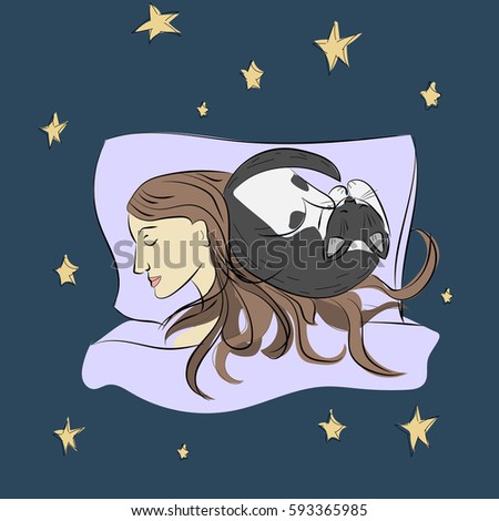 Sleeping girl with cat drawn by hand . Color Sketch. Vector illustration Stock fotó © 