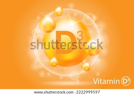 Vitamin D3 yellow shiny capsule. Beauty, nutrition, skin care, pharmacy, diet. A shining golden drop of substance. Advertising of medicines. Cosmetic procedure. Vector illustration