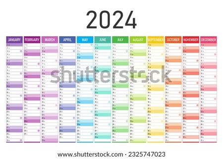Calendar planner for 2024. Colorful wall calendar in English on a white background. Vector template