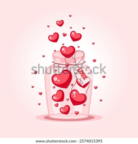 A pink glass jar filled with red hearts. Vector illustration