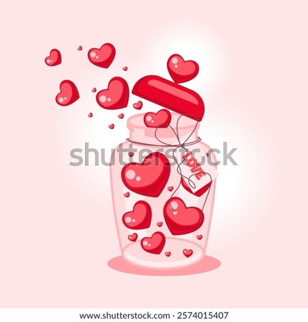 A pink glass jar with a red lid filled with red hearts. Vector illustration