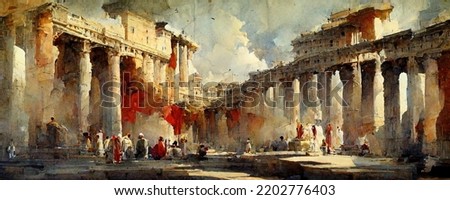 Painting of Ancient Rome, pillars, Roman architecture. Historic artwork, painted in an abstract style. Antique monument, European forum painted on a canvas, coliseum wallpaper, arches and colonnades. 