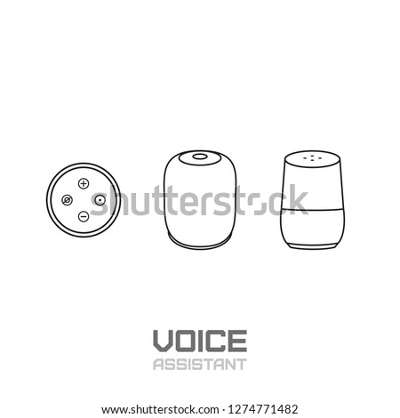 Smart speaker. Voice assistant and voice command device line icon