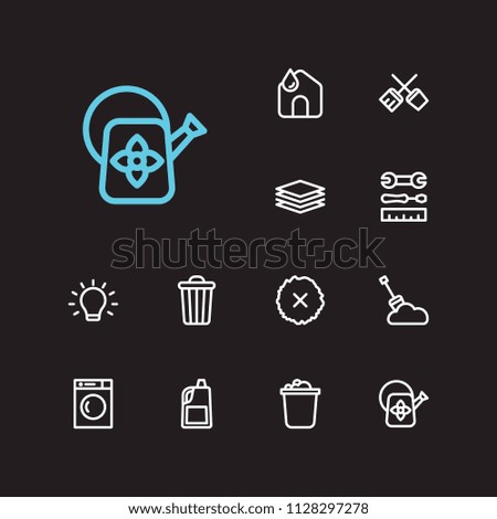 Hygiene icons set. Clean house and hygiene icons with watering flower, sweeping tool and instrument. Set of building for web app logo UI design.