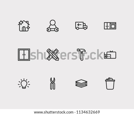 Housekeeping icons set. Lighting and housekeeping icons with kitchen, hammer and radio with tv. Set of drawing for web app logo UI design.