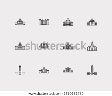 America icons set. Massachusetts state capitol and america icons with louisiana state capitol, cathedral and downtown. Set of history for web app logo UI design.