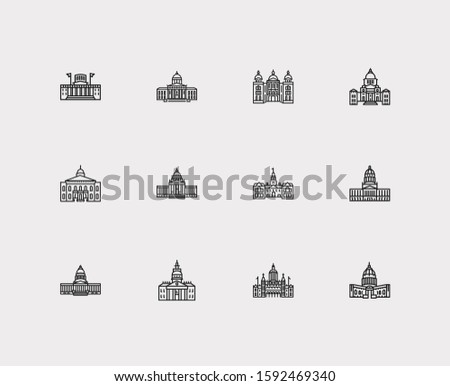 Us capitols icons set. Connecticut state capitol and us capitols icons with delaware state capitol, structure and government house. Set of gothic for web app logo UI design.