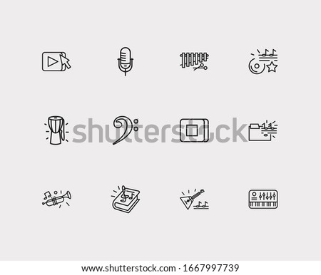 Musical icons set. Synthesizer and musical icons with balalaika, xylophone and djembe. Set of traditional for web app logo UI design.