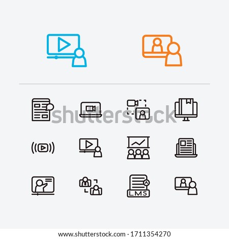 Webinar icons set. Education e-learning and webinar icons with video stream, video webinar and content e-material. Set of mobile for web app logo UI design.