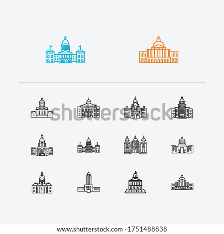 Building icons set. Congress and building icons with exterior, lowa state capitol and massachusetts state capitol. Set of architectural for web app logo UI design.
