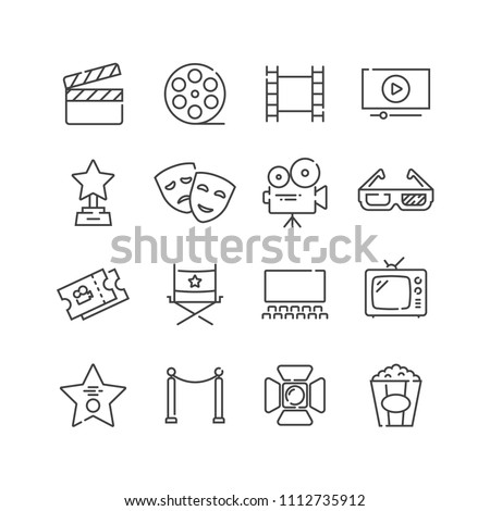 Set of cinema icons, line style. For your design, logo. Vector illustration.