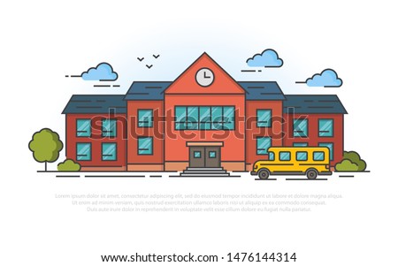 School building and bus. Vector illustration in filled outline style.