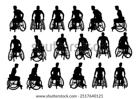 collection of a male character who uses a wheelchair, wheelchair user, isolated for graphic resource 