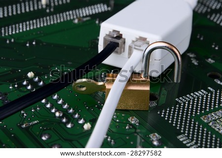 A concept about the secure line being opened, illustrated by the unlocked padlock of the line above the circuit board.