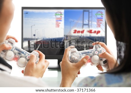 A couple playing racing game. The image and design on screen are mine.
