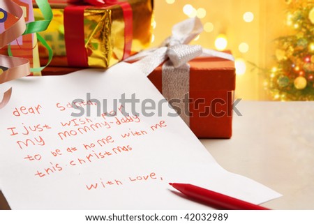 Child true wish on Christmas written on the letter to Santa