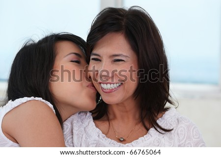 Young Asian female  kiss her mother