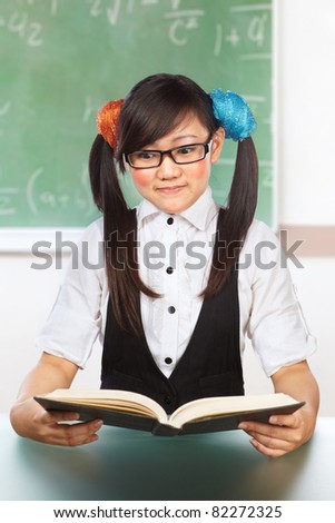 Nerd Chinese female student in classroom doing stupid pose