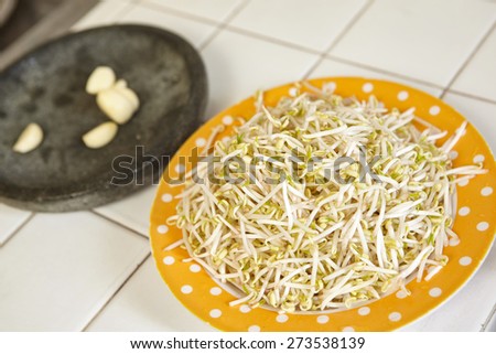 Ingredient for cooking consist garlic and bean sprout