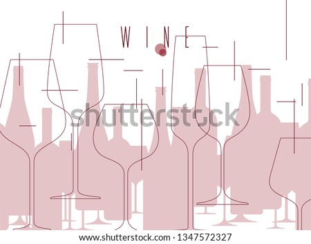 Wine. Background with bottles and wine glasses. Design element in modern style for tasting, menu, wine list, restaurant, winery, shop.