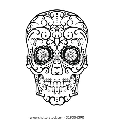 Black And White Tattoo Skull. Day Of The Dead Candy Skull. Mexican Dia ...