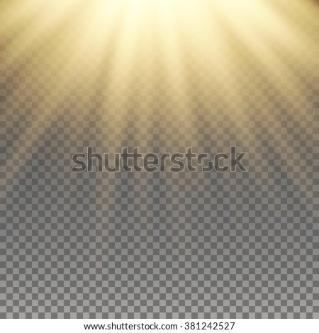 Yellow warm light effect, sun rays, beams on transparent background. Vector illustration.