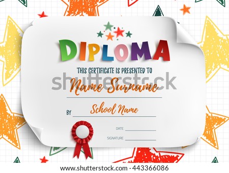 Diploma template for kids, certificate background with hand drawn colorful stars for school, preschool or playschool. Vector illustration.