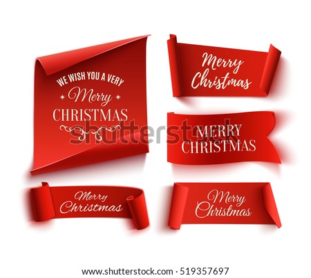 Set of five red, Merry Christmas, realistic, paper banners. Vector illustration.