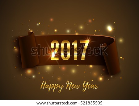 Happy New Year 2017 Celebration Background With Realistic Curved Ribbon And Glowing Particles