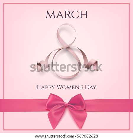 8 March greeting card template with pink bow. International Women's day background or brochure. Vector illustration.