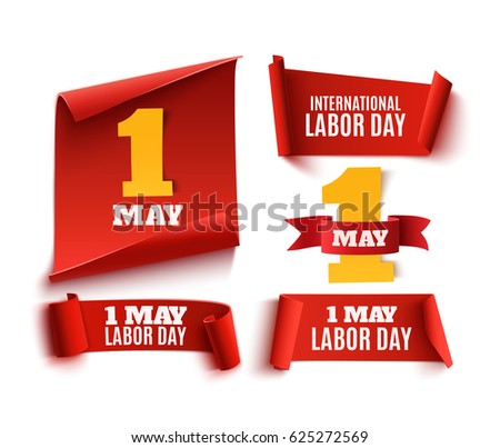 Set of five red, realistic,1 may labor day paper banners. Vector illustration.