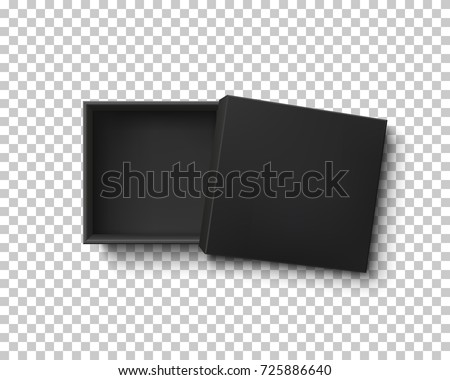 Opened black empty gift box on transparent background. Top view. Template for your presentation design, banner, brochure or poster. Vector illustration.