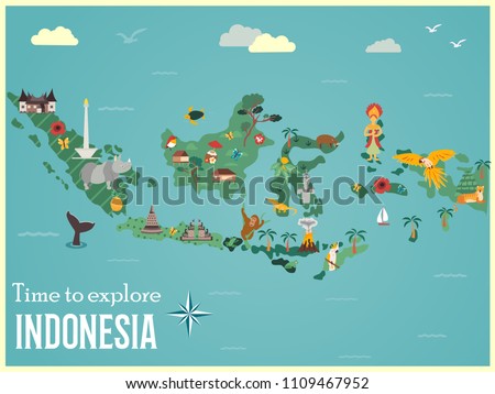 Indonesian map with animals and landmarks. Perfect for advertising, tourist guides, travel blogs, books, atlases.