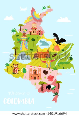 Bright illustrated map of Colombia with symbols, icons, famous destinations, attractions. For travel guides, banners, posters